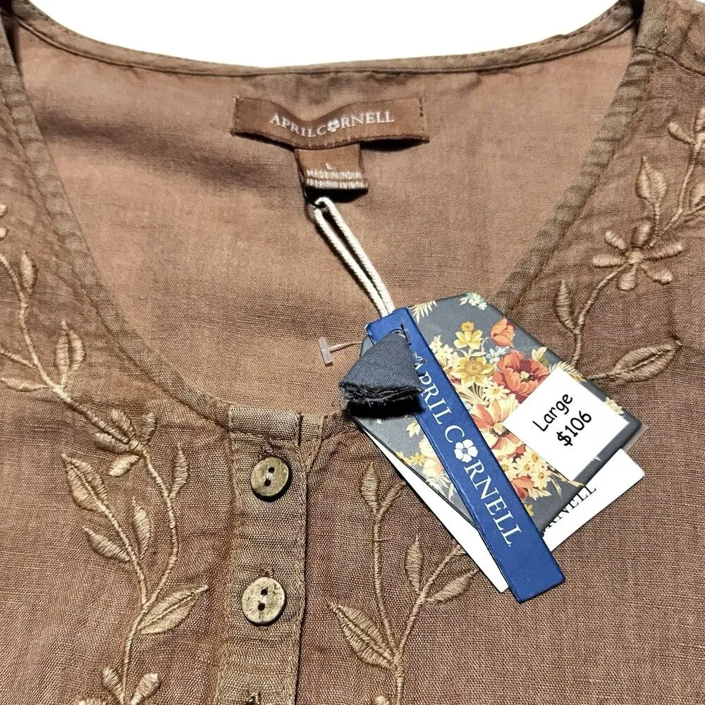 April Cornell Linen Blend Blouse Nantucket Embroidered Tan Brown Size L NWT - Picture 6 of 10